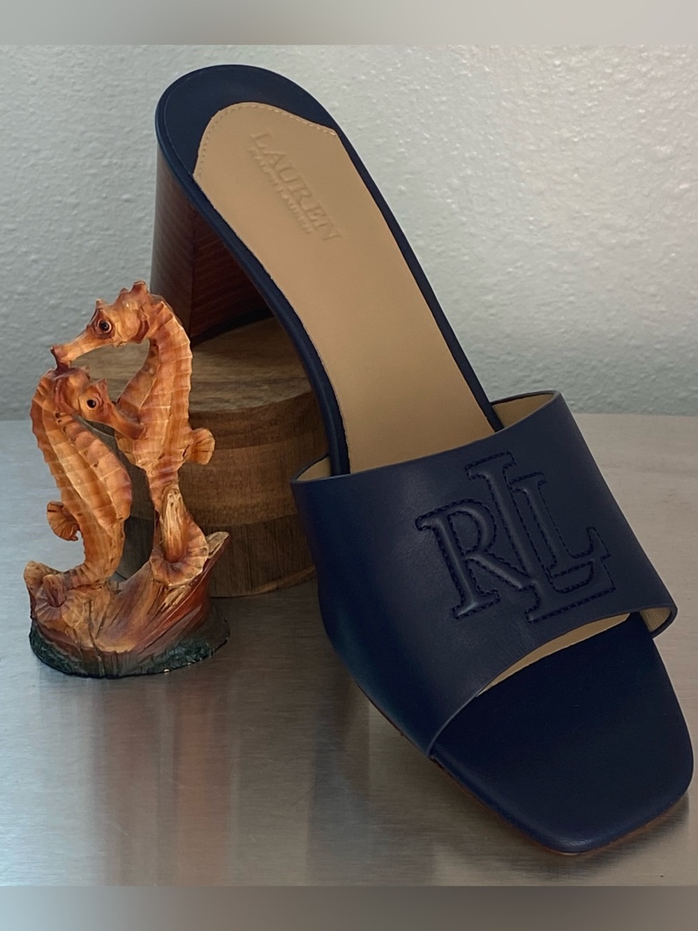 RALPH LAUREN NAVY LEATHER BLOCK HEEL MULES-NEW - Picture 10 of 15